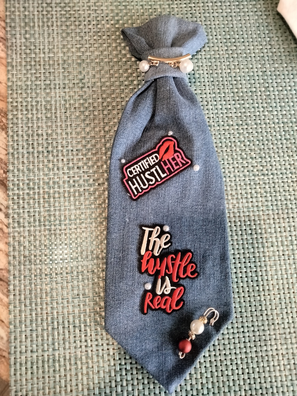 Men's Gray Denim Tie with Red Accent Pins